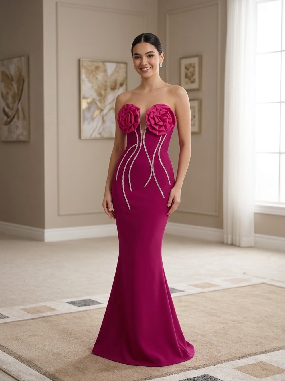 Strapless Fuchsia Floral Appliqué Mermaid Gown